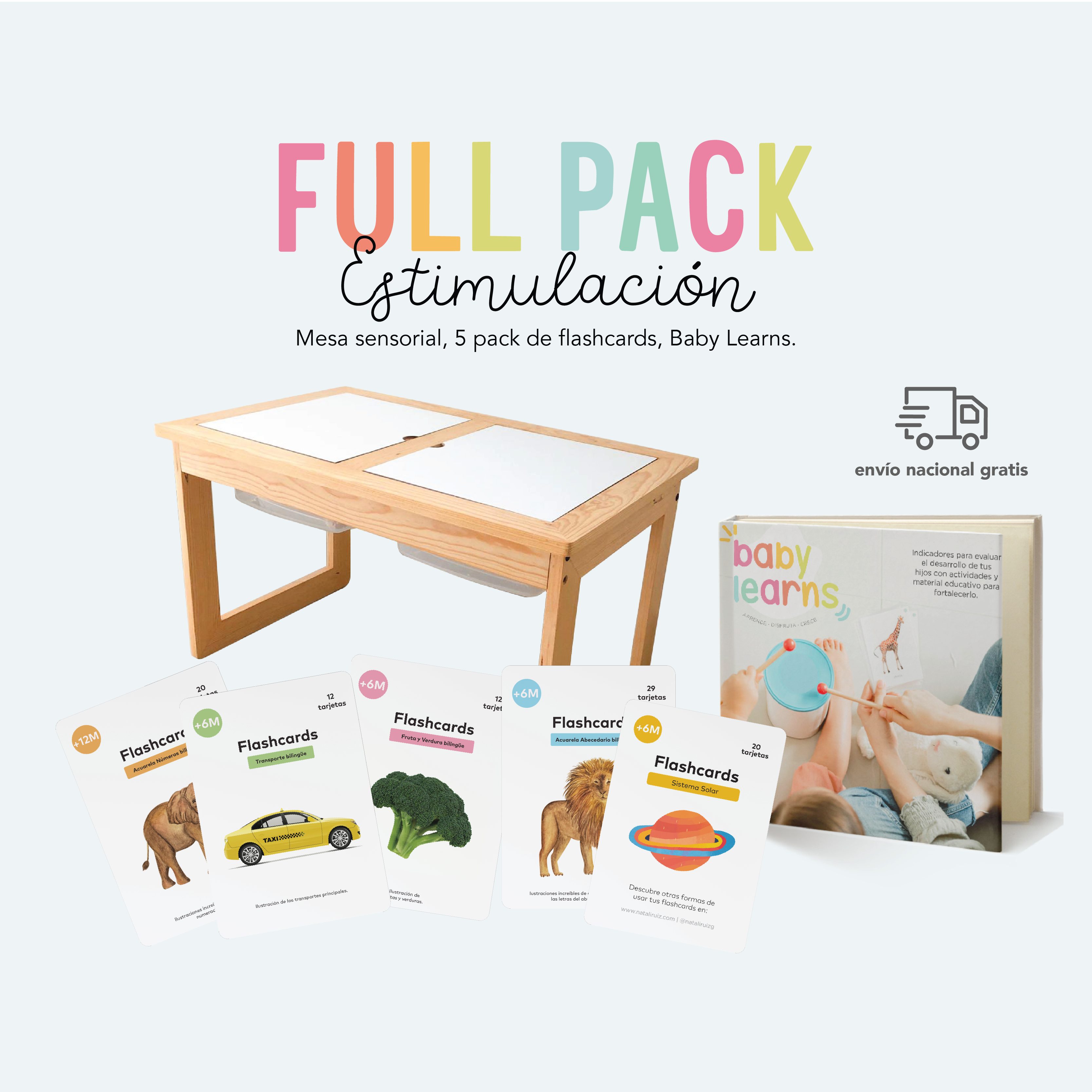 Full Pack Estimulación: Mesa sensorial + 5 Pack Flashcards + Baby Learns  Natalí Ruíz